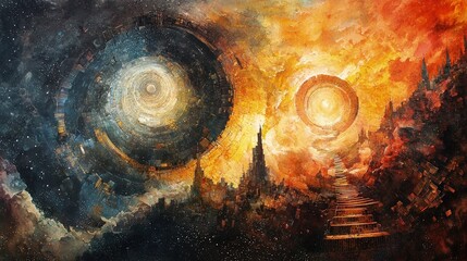 Cosmic landscape painting with swirling celestial bodies.