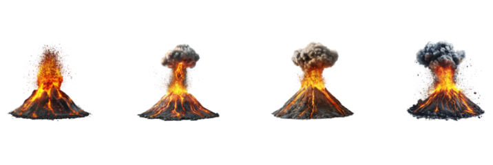 Collection of violent volcanic eruption, with molten lava exploding out of the crater and ash clouds billowing into the sky. isolate on transparent background
