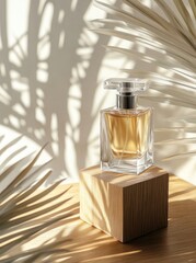 beige perfume bottle on oak pedestal with palm leaves.