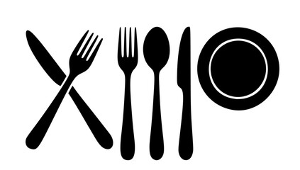 Vector illustration of black silhouette dining utensils including a crossed knife and fork, a standalone fork, spoon, knife, and plate