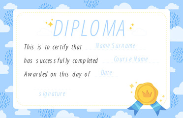 A blue diploma certificate featuring a soft sky theme with clouds. Ideal for children s educational achievements. Stock vector illustration in cartoon style.