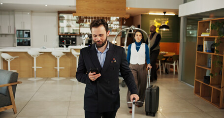 Phone, luggage and business man at hotel for guest, conference itinerary and booking reservation. Expo schedule, networking and event venue with person for online, keynote speaker list and travel