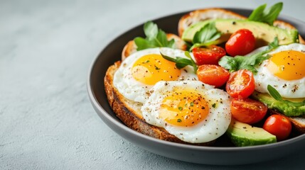 This appetizing dish showcases a delicious serving of fried eggs on toasted bread, accompanied by fresh avocado slices and cherry tomatoes, ideal for a healthy breakfast.