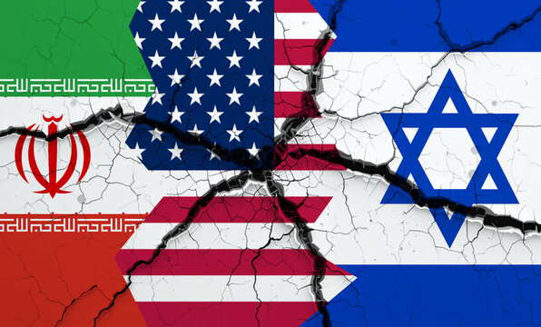 Iran vs Israel vs America conflict war: full HD waving flags images with big cracks. Iran, Israel, and American flags abstract art.