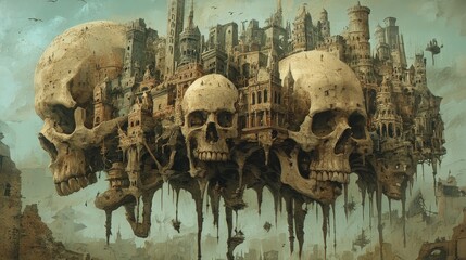 Floating city built from skulls, a surreal scene.