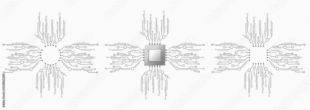 Poster set of hi-tech microchips connected to a futuristic circuit network on white background. technology,
