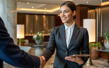 businesswomen and businessmen meet in the office lobby to discuss their business plans.