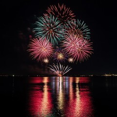 Fireworks display over water at night
