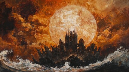Dramatic depiction of a ruined fortress amidst turbulent seas.