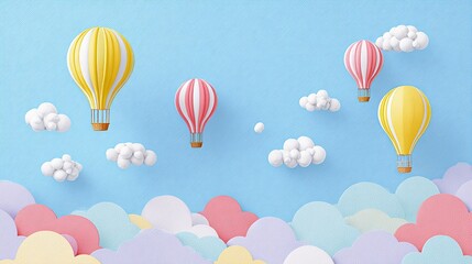 Colorful hot air balloons flying among clouds in pastel sky with paper cut style for dreamy background