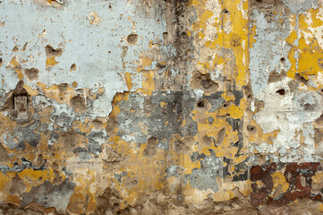 A worn and old wall that was painted with yellow paint and then blue paint and has flaked off over...