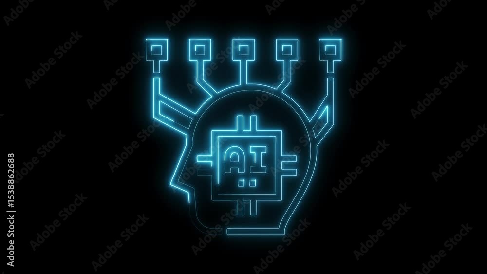 Poster glowing neon artificial intelligence head concept with digital connection on black background