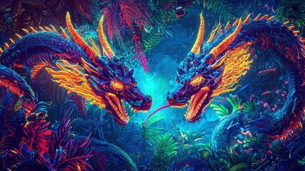 Two vibrant dragons in a lush, colorful environment.