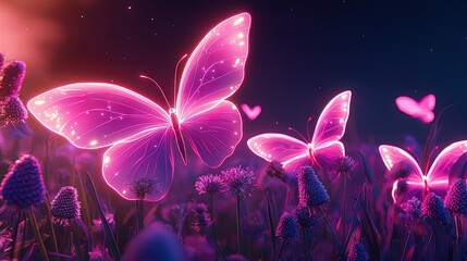 Nighttime glowing butterflies among wildflowers.
