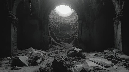 Ruined interior,  dark and dusty cathedral.