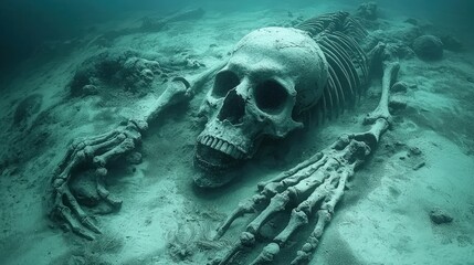 Submerged skeleton's decaying remains in underwater sand.