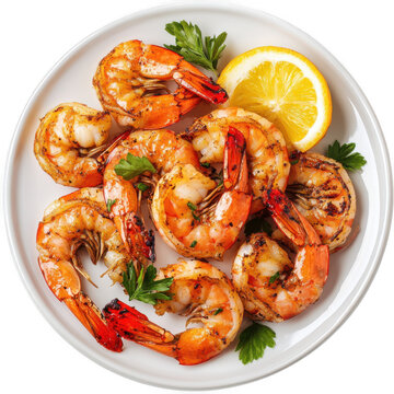 grilled shrimp in a plate top view isolated on  white and transparent background