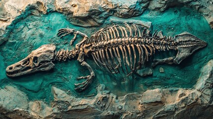 Fossil skeleton of a prehistoric aquatic reptile.