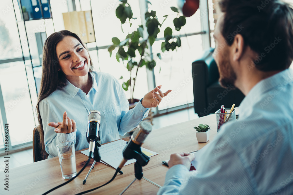 Poster professional workspace interaction between coworkers during a collaborative interview in a business 