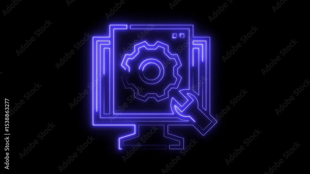 Poster neon computer service icon illustration animated technical support concept glowing lines design