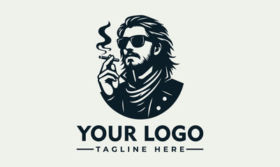 Illustration of a man with long hair and sunglasses smoking a cigarette, set against a circular background.