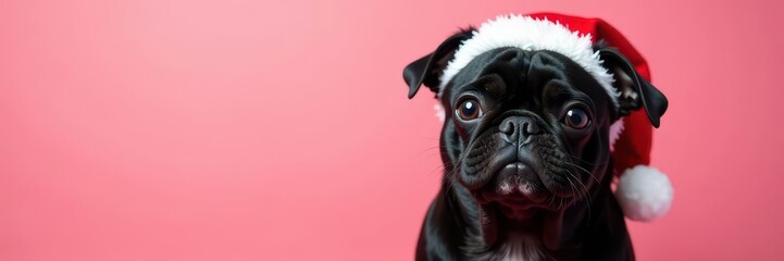Adorable black pug in Santa hat, pink backdrop, Christmas cheer, animal portrait, celebration
