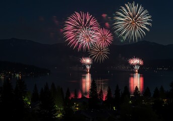 Fireworks display at night over water landscape