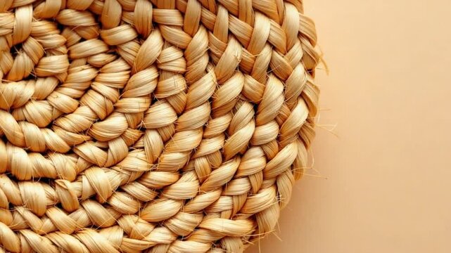 Close-up view of a meticulously woven straw coaster, showcasing the intricate texture and natural beige tones.  A perfect example of handcrafted artistry.