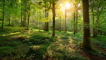 Obraz premium serene forest with sunlight filtering through vibrant green leaves creating peaceful atmosphere