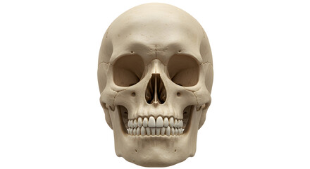 Realistic human skull showing anatomical detail on transparent background