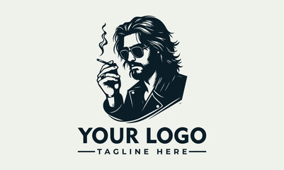 Stylish man with long hair, sunglasses, and cigarette, logo design.