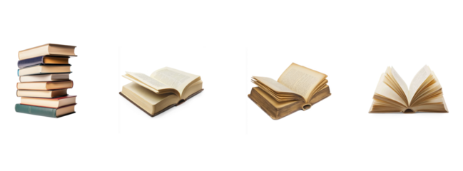 Collection of hardcover book placed vertically on a stack of other books, standing upright. isolate on transparent background