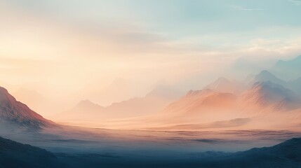 Fototapeta premium Serene Mountain Landscape with Soft Pastel Hues and Gentle Fog Under a Calm Sky at Sunrise
