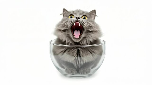 Funny gray persian cat yelling in a transparent glass bowl on white background
