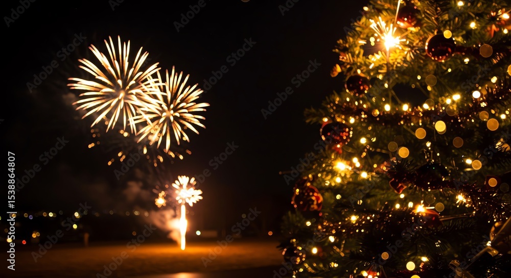 Aufkleber fireworks display with christmas tree in background