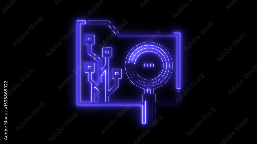 Poster neon folder search illustration on dark background for data analysis and digital file management