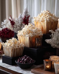 Festive Movie Marathon Setup with Popcorn Towers and Decorations