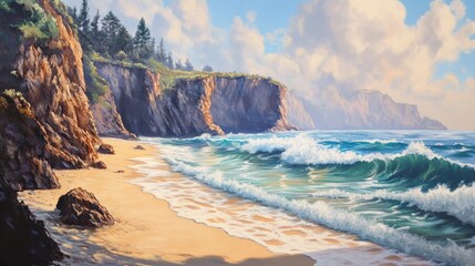 Fototapeta premium Serene Coastal Landscape with Waves, Sandy Beach, Rocky Cliffs, and Lush Forest Under a Clear Blue Sky