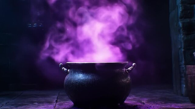 Witch cauldron in dark room, purple smoke. 4k animation video