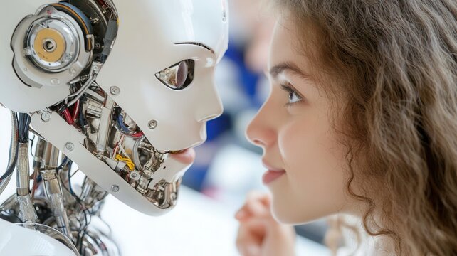 Realistic humanoid robot with soft skin and expressive face engaging in conversation with human in a minimal room. Robotics and automation