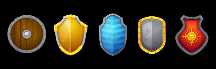 Vector illustration of a set of five medieval shields on a black background. Each shield features unique shapes and traditional heraldic designs. Ideal for fantasy themes, video games.