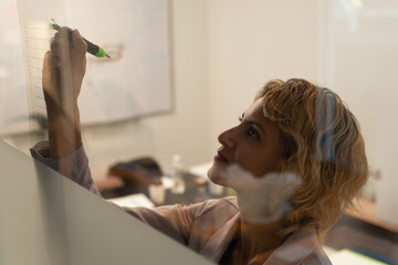 Indian mid adult woman sketching grid on glass board using green marker in office, copy space