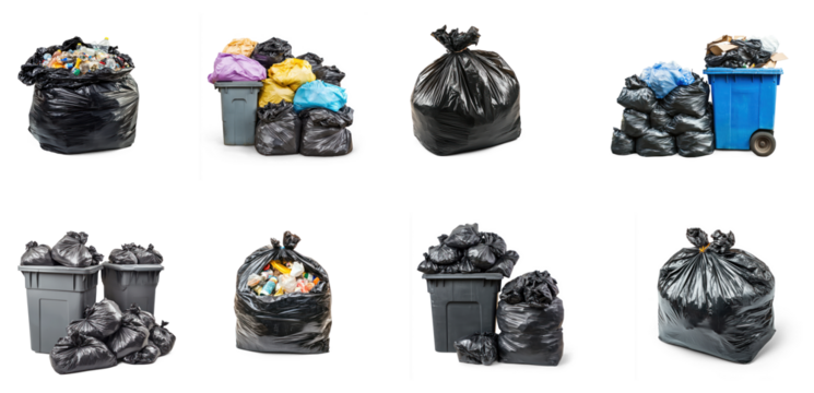 Collection of plastic garbage bag torn open, with waste spilling onto the pavement under streetlights. isolate on transparent background