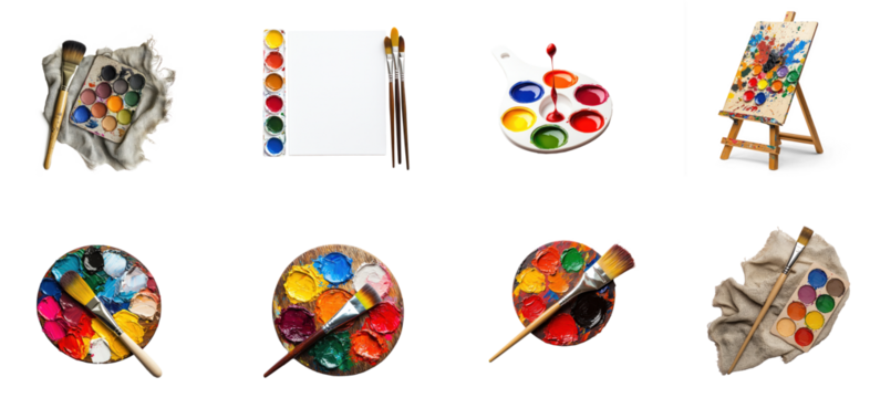 Collection of color palette resting on a piece of textured fabric, with a paintbrush draped across it. isolate on transparent background - Powered by Adobe