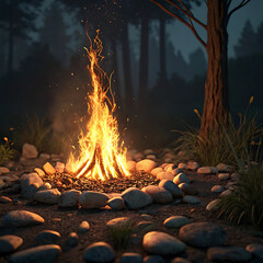 Naklejka premium Campfire with tall flames surrounded by small stones