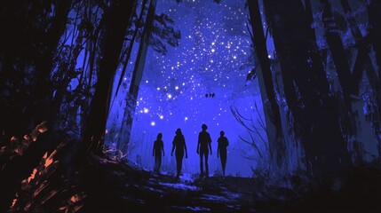 Silhouetted figures stand in a dark forest looking toward a bright starry sky.