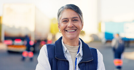 Logistics, happy and yard with portrait of woman for fleet manager, freight shipping or export....