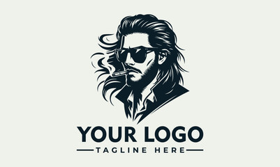 Stylish man with long hair, sunglasses, and smoke, forming a logo design.