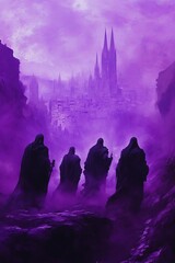 Four cloaked figures stand before a distant castle in a purple landscape.
