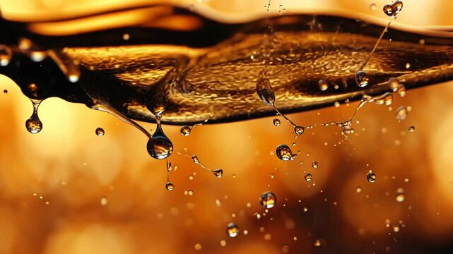 Close-up of a liquid splash with amber highlights